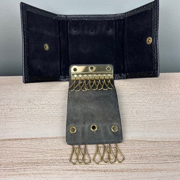 Vintage Meeker Top Grain Leather Key Caddy Holder Black Trifold 16 Hook Carrier - Picture 5 of 12